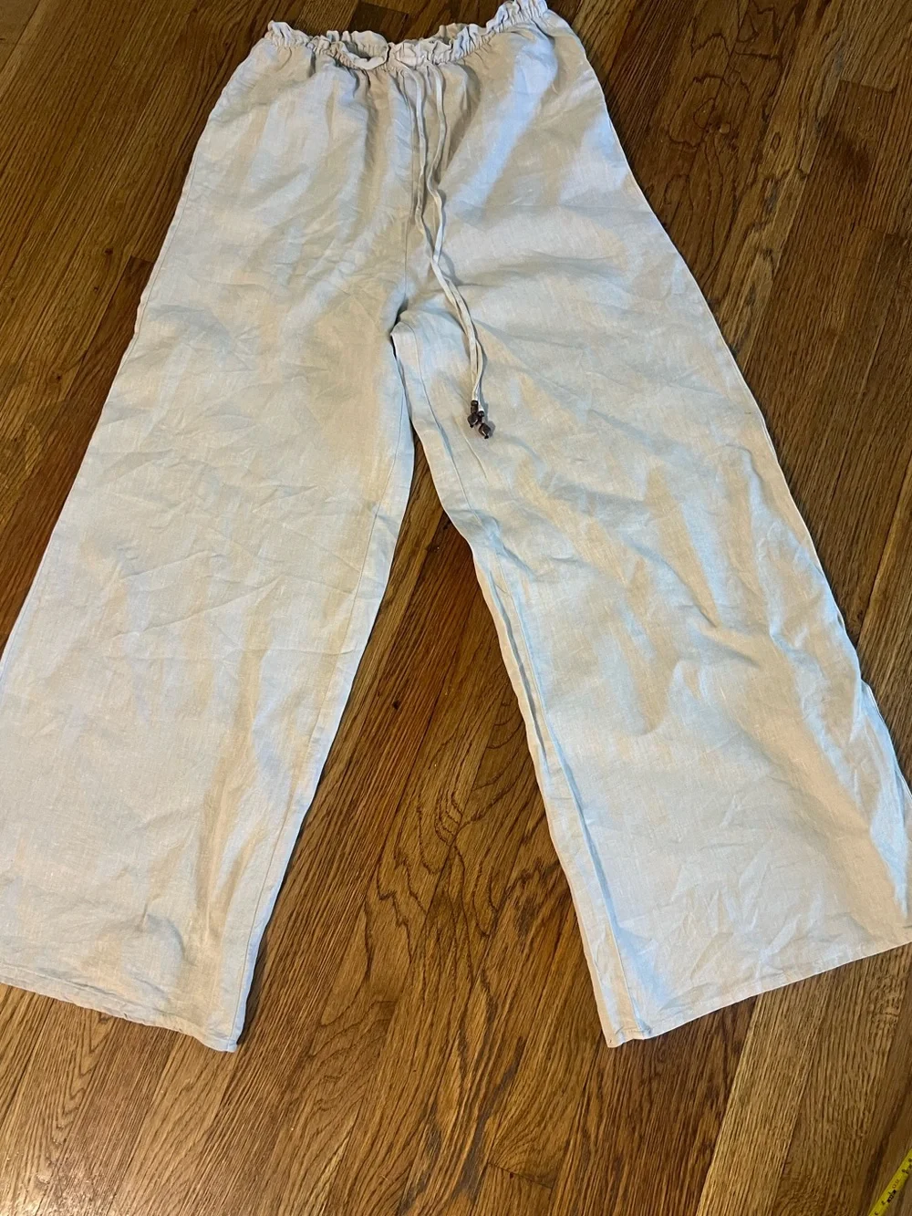 Zara Beige Wide-Leg Linen Blend Drawstring Pants